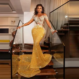 Little Gold Long Prom Dresses 2026 Luxury Mermaid Beaded Rhinestones African Formal Evening Party Gala Birthday Gown Customized