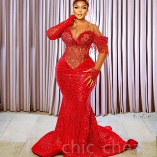 Red Prom Dresses 2026 Luxury Black Girls Beaded Diamond Head Covering African Evening Gowns Birthday Dress For Special Occasions